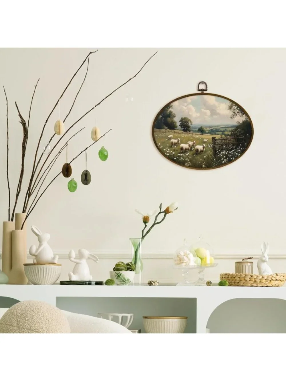 Rustic Farmhouse Sheep Wall Art Decor - Framed Canvas Print for Cottagecore